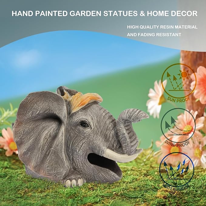 Elenon Elephant Decorative Gutter Downspout Extension Statue, Animal Gutter Guardian Rain Downspout Extender, Garden Splash Block Outdoor Sculpture for 3" × 4" Down Spouts Decor