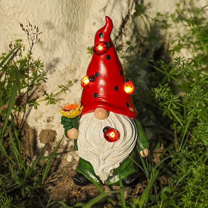 Garden Gnome Statue, Resin Sunflower Ladybug Gnome Figurine with Solar Lights for Porch Patio Yard Outdoor Decor