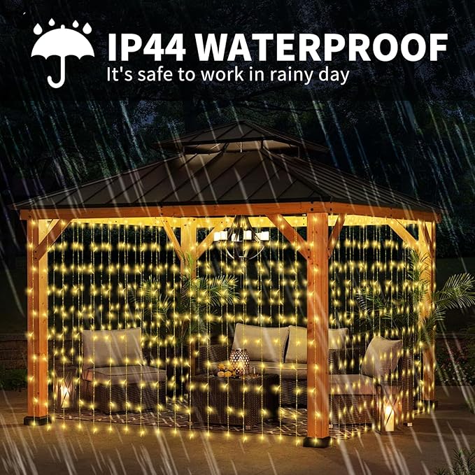 32.8 * 6.56FT Large Size Solar Curtain Lights Outdoor, 8 Modes Outdoor Solar String Icicle Lights, Solar Garden Christmas Lights Decortions for Patio, Gazebo, Eaves, Fence, Tree, Porch (Warm White)