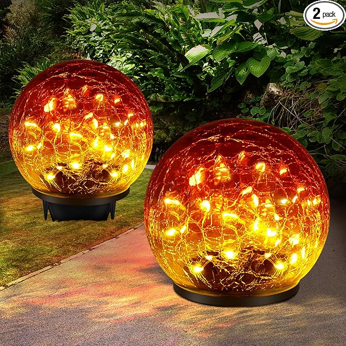 2 Pack 60 LED Garden Solar Outdoor Lights Decorative, Gradient red Cracked Glass Solar Globe Lights, Upgraded Waterproof Ball Lights for Yard Pathway Patio Lawn Christmas Outside Decor