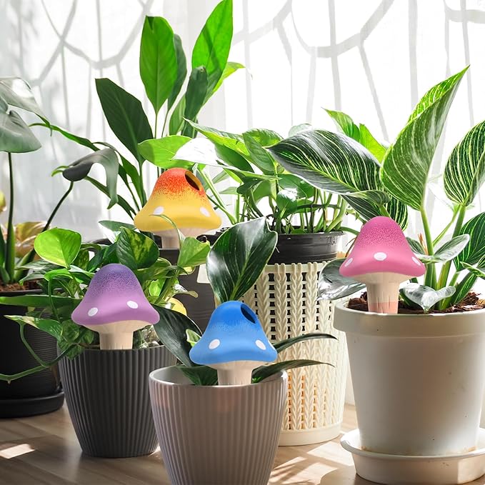 4 Pack Terracotta Watering Spikes, Vacation Self-Watering Planters Devices, Continuous Moisture with Slow Release Watering System Mushroom Shape