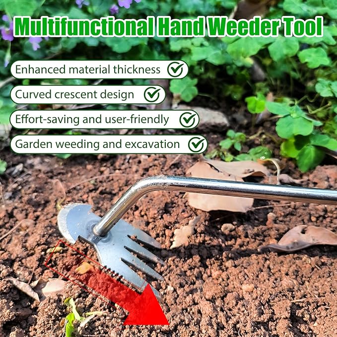 Amposei Weeding Artifact Uprooting Weeding Tool, Multifunctional Weeder, Hand Weeder Tool, Stand Up Weed Puller Tool with Handle for Garden Yard Farm Weed Removal (11in, Wood Handle-A)