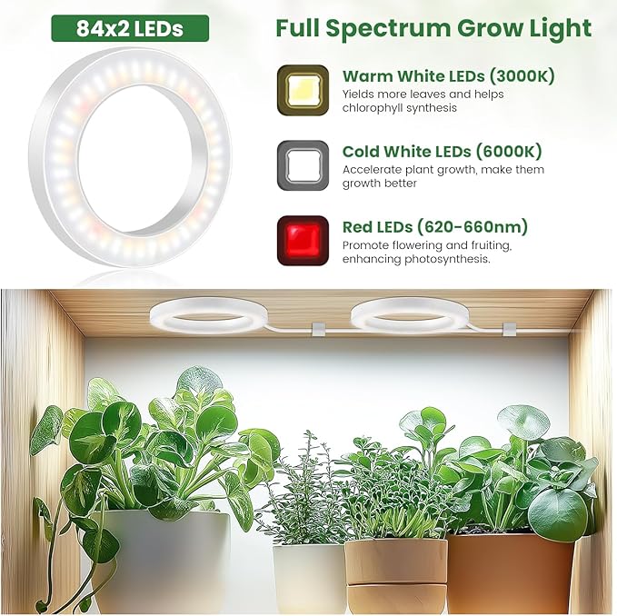 6" Ceiling Grow Lights for Indoor Plants, 168 LEDs Full Spectrum Grow Light, Halo Under Cabinet Plant Growing Lamp with 6/12/16H Auto Timer, 3 Spectrum Modes, 5 Brightness Levels (2-Head)