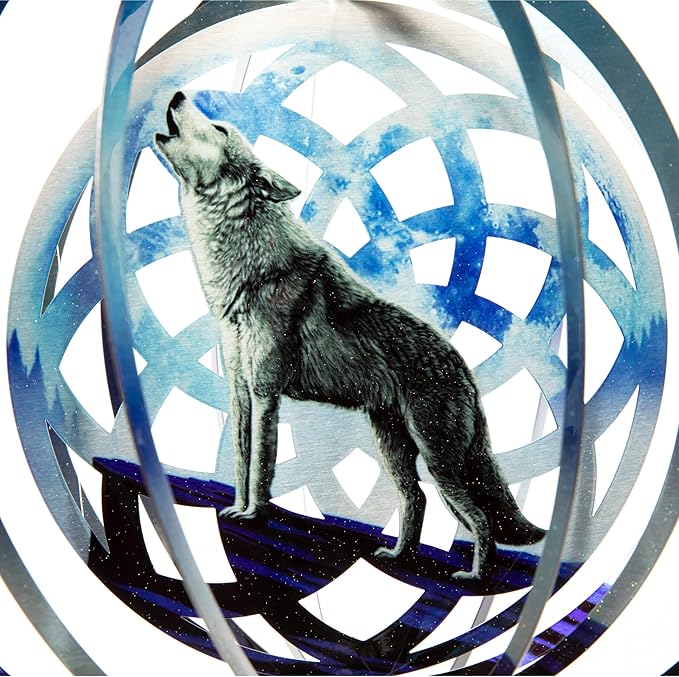 VP Home Wolf Dreamcatcher Kinetic Wind Spinner for Yard and Garden Wind Spinner Outdoor Metal Large Hanging Wolf Decor 3D Garden Art Wind Sculpture Spinners