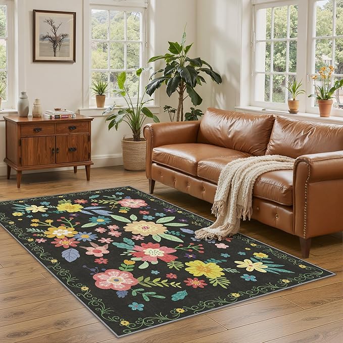 GENIMO Indoor Outdoor Area Rug 4' X 6' Waterproof, Washable Patio Rug Non Shedding, Easy Cleaning Floral Outdoor Carpet for Living Room, Bedroom, Dining Room, Balcony, Backyard, Deck, RV, Black