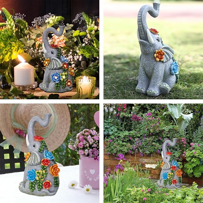 Elephant Garden Statue Solar Lamp with 8 Led Lights Decor Outdoor Resin Waterproof Sculpture Patio Lawn Yard Porch Decorations Housewarming Gifts for Women Mom Grandma