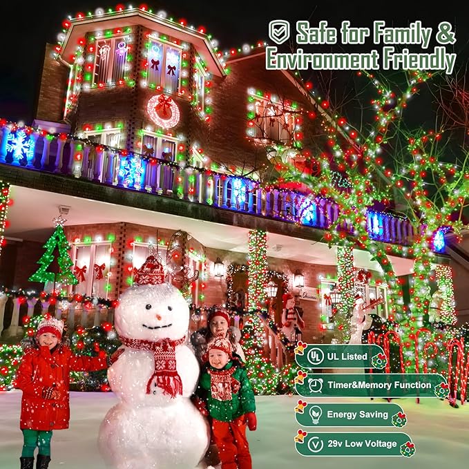 Heceltt 1600 LED 630 FT String Lights Outdoor, 8 Modes Christmas Lights Plug in, IP44 Waterproof Led String Lights with Timer and Memory for Home Party Tree Decorations (Red Green and White)