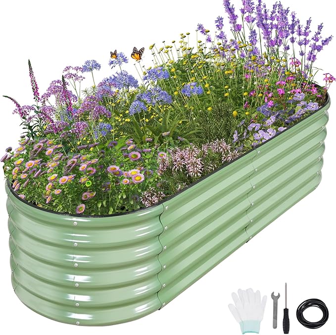 Galvanized Raised Garden Bed Outdoor- Raised Beds for Gardening| Metal Planter Box, Steel Raised Garden Bed Kit with Safety Edging and Gloves for Vegetables, Flower, Herbs (6x2x1.4FT, Green)