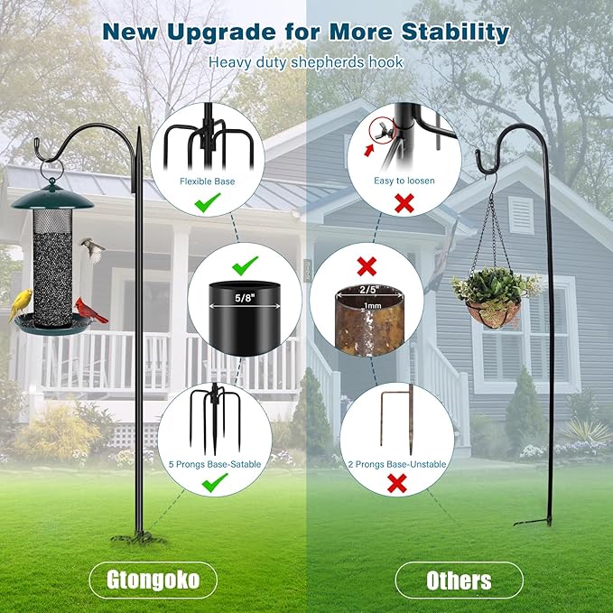 Gtongoko Adjustable 63 inch Shepherds Hooks for Outdoor Bird Feeder with 5 Prongs, Bird Feeder Pole Garden Hooks for Hanging Lanterns, Plants Baskets, Hummingbird Feeders, 2 Pack