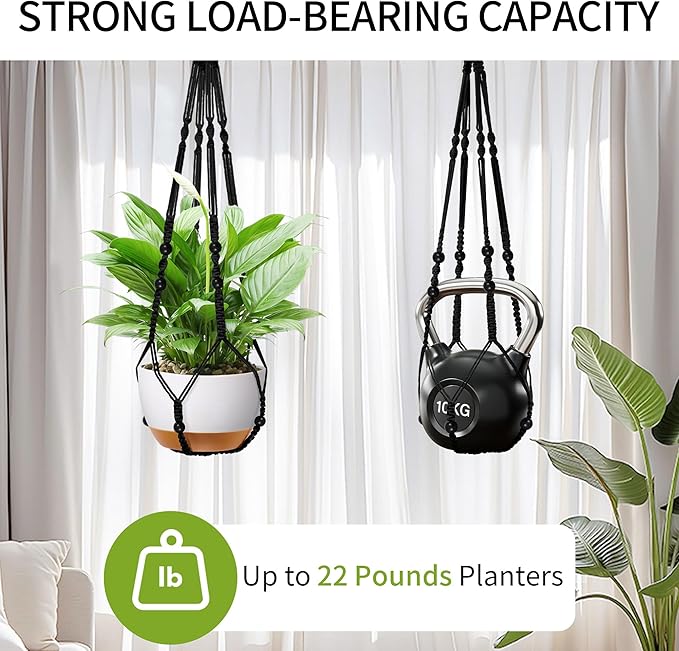 35 Inch Macrame Plant Hanger - Fits 4-13 Inch Pots, Supports Up to 22lbs, Sturdy Hanging Planter Holder for Indoor Outdoor, Boho Home Decor, 2 Pack, Black (POTS NOT Included)