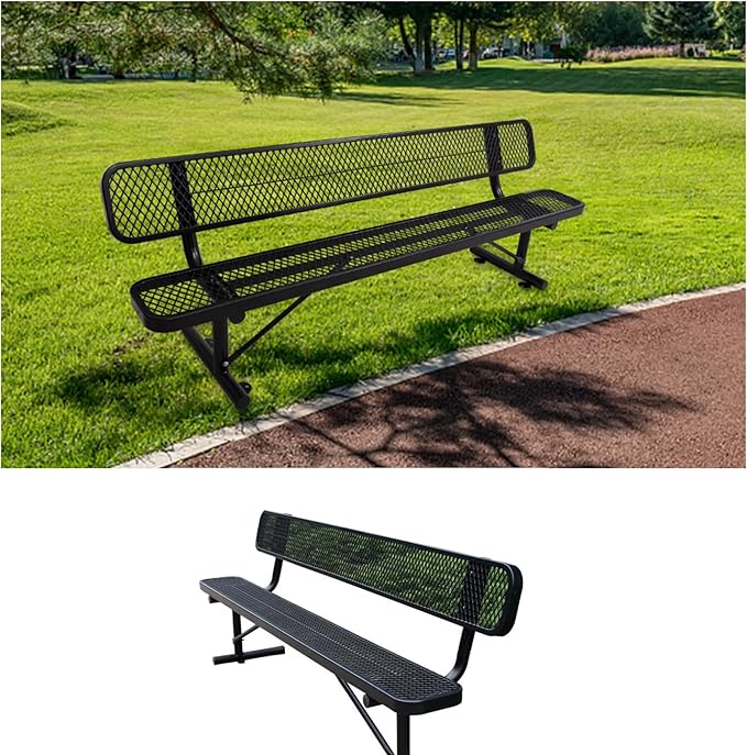 8 FT Heavy Duty Metal Park Bench for Outside, Black Bench with Backrest,4-6 Person Seat, Outdoor Commercial Metal Mesh Benches for Shopping Mall, Lawn, Park, Deck, Garden, Patio, Porch