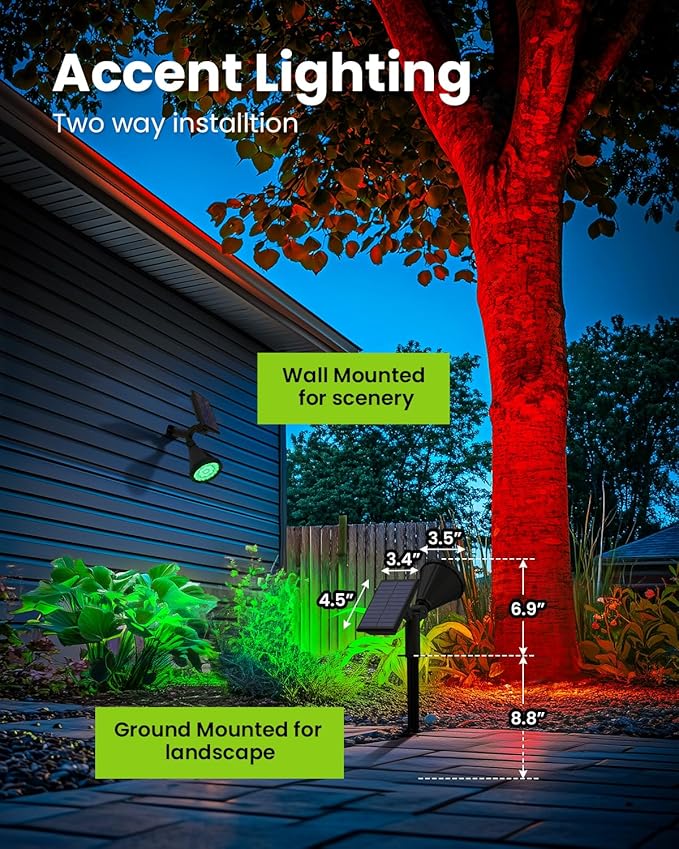 Color Changing Solar Spot Lights Outdoor Halloween Lights Multicolor, IP65 Waterproof Christmas Decorations Landscape Spotlights for Tree, House, Yard, Garden-2 Pack