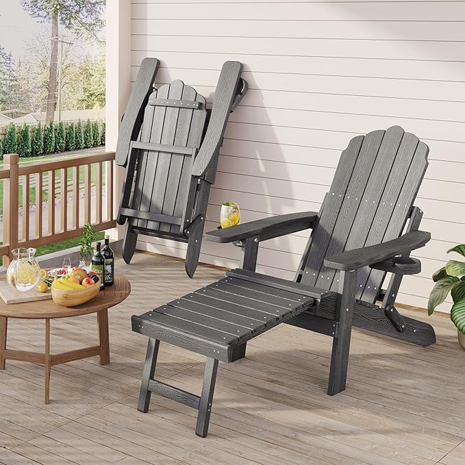 Folding Adirondack Chair Set of 2 with Adjustable Backrest, Adirondack Chair with Ottoman with 2 Cup Holders, for Outdoor Beach Garden Porch Lawn Pool Deck, Grey