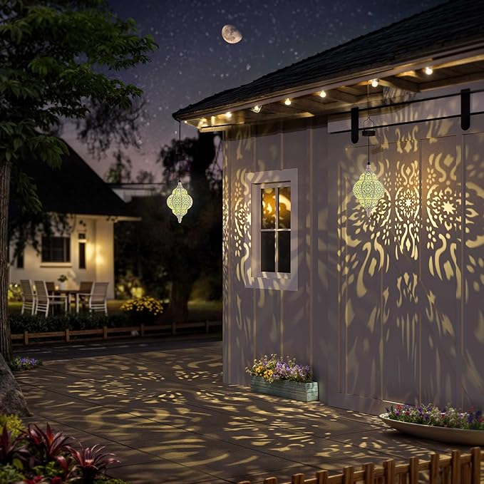 Hanging Solar Lights Outdoor Garden Decor Solar Lantern Waterproof Plastic Moroccan Outdoor Decorations for Patio Pathway Yard Backyard Garden Decorative (2, White)