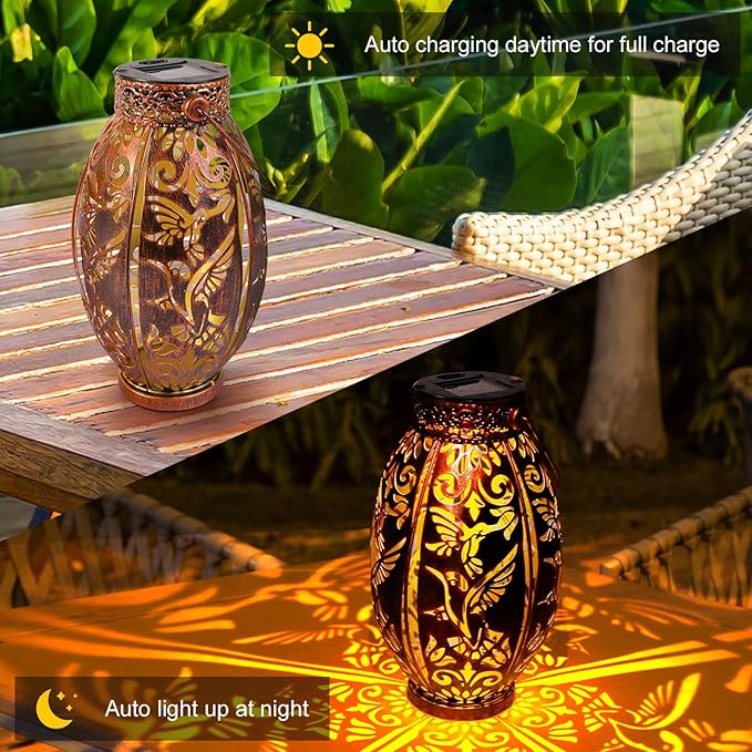 Hummingbird Lantern 2 Pack Solar Lanterns Outdoor Hanging Solar Lights, Upgraded Metal Garden Lanterns - Waterproof LED Decorative Light for Garden Patio Yard Gifts for Mom Grandma Women