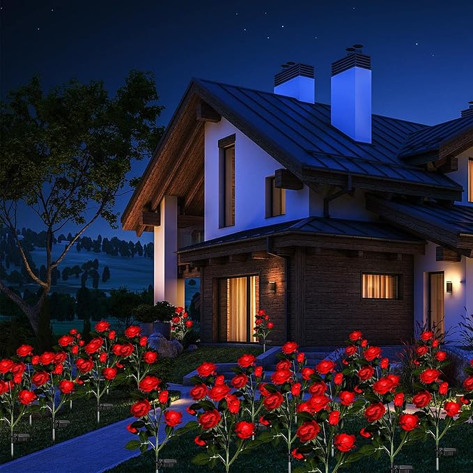4 Pack Outdoor Solar Flower Lights Waterproof Garden Decorative Lights Outside Solar Powered Pathway Lights with 20 Realistic Rose Flowers for Yard Lawn Pathway Backyard Decor(Red)