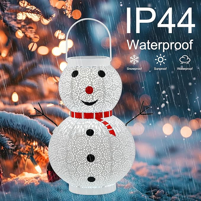 Christmas Decorations Snowman Solar Lantern - Snowman Solar Hanging Lantern Outdoor Waterproof , Metal Standing Solar Powered LED Lantern Decorative Lights for Outside Garden Yard Porch - White