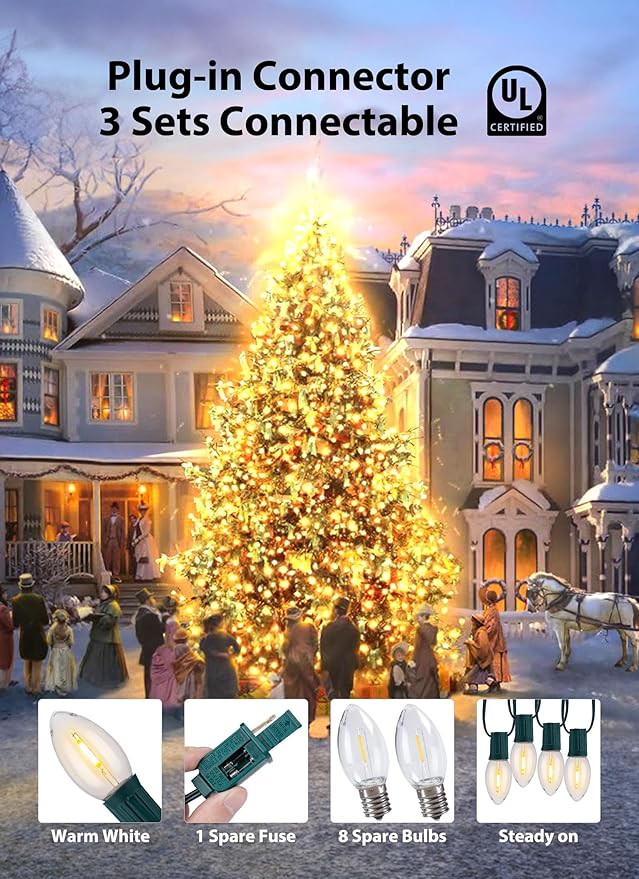 Vintage C9 LED Christmas Lights Outdoor, 200 Ft C9 String Lights with 200 Shatterproof Warm White Bulbs, Waterproof Connectable Christmas Tree Lights for Roofline Holiday Garden Party Xmas Decorations