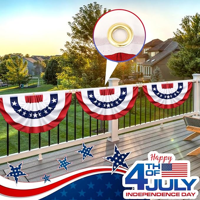 4 Pack USA Pleated Bunting Fan Flags, 1.5x3 Ft Patriotic Half Fan Banner American Flag Decoration Bunting for Outside Red White and Blue Decor Independence Day Memorial Day 4th of july Decorations