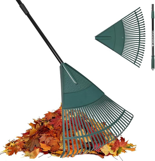 ORIENTOOLS Garden Leaf Rake, Garden Rakes for Lawns Leaves with 47-65" Adjustable Black Handle Rake, 26 Strong Tines Plastic Head Shrub Rake, Yard Garden Rake for Lawns, Flower Beds Leaves Cleaning