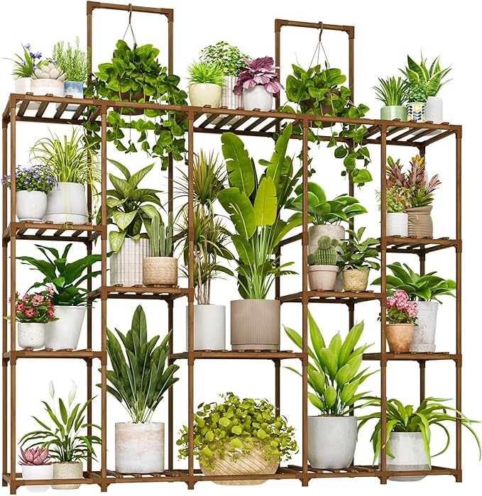 Bamworld Plant Shelf Large Plant Stand Indoor 62.2" Tall Outdoor Plant Holder Wood for Multiple Plants Hanging Plant Rack for Living Room Garden Balcony