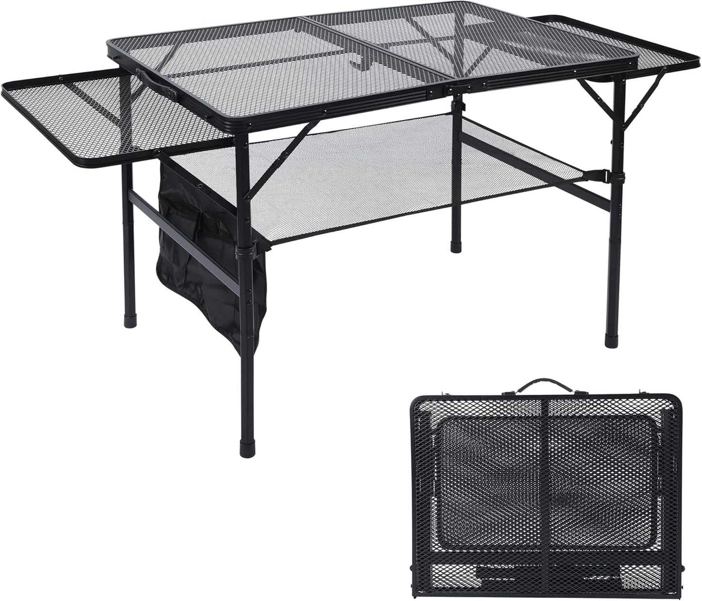 Folding Grill Table, 3x2 FT Portable Camping Table with 2 Wing Panels, Height Adjustable Metal Tables with Mesh Desktop and Mesh Bag, Outdoor Furniture for Camping, Picnic, Beach and BBQ, Black