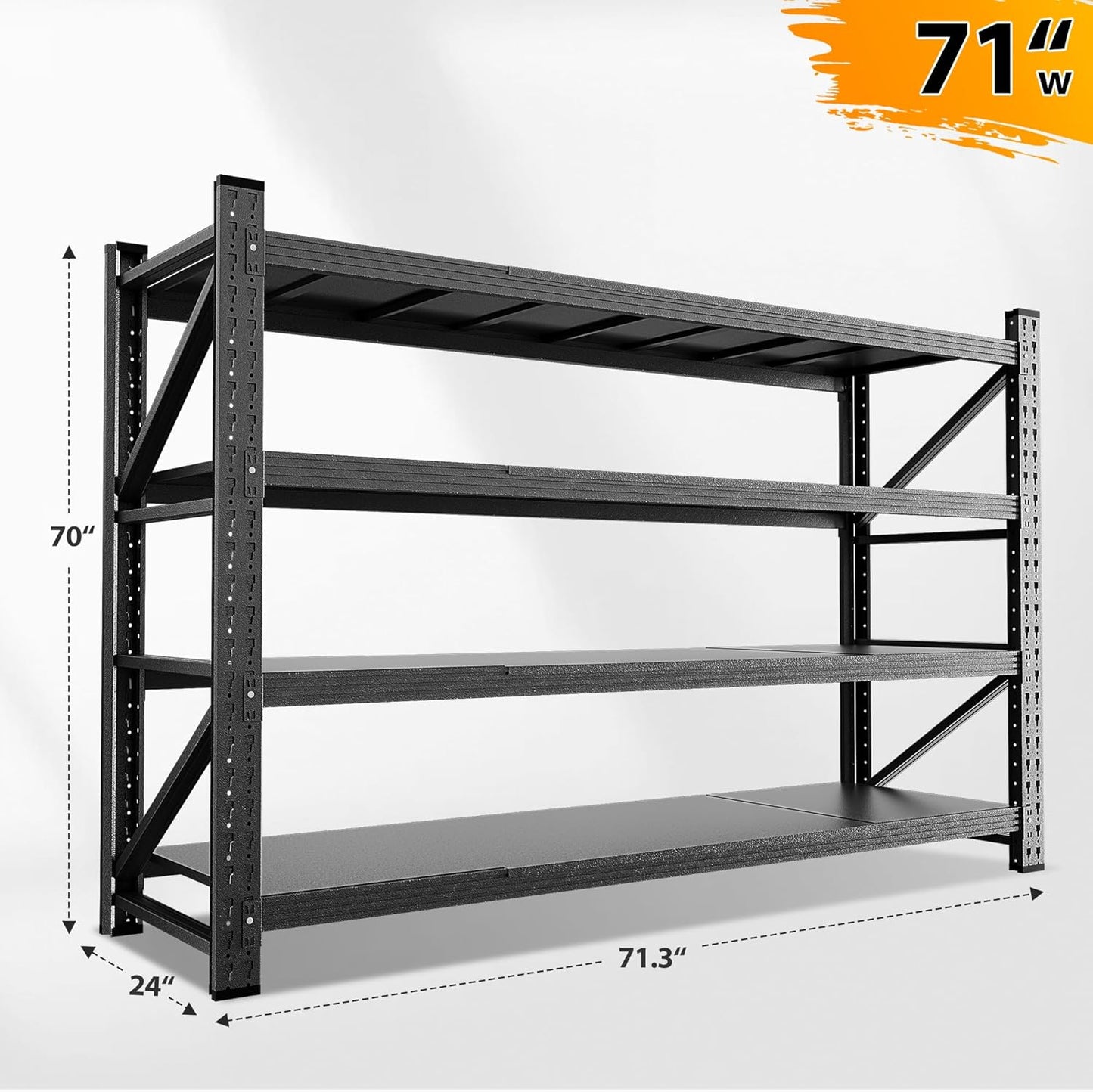 5000LBS Storage Shelves, 71" W Heavy Duty Garage Shelving Unit, Adjustable Industrial Shelving, 4 Tier Metal Shelving for Garage, Supermarket, Warehouse, 71" W x 24" D x 70" H