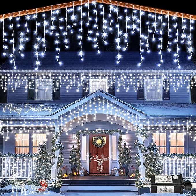 Icicle lights Outdoor - 33ft Christmas Lights with 400LED 75 Drops 8 Modes, Plug in Curtain String Lights Waterproof for Holiday Wedding Party Home Garden Bedroom Indoor Outdoor Decoration, Cool White
