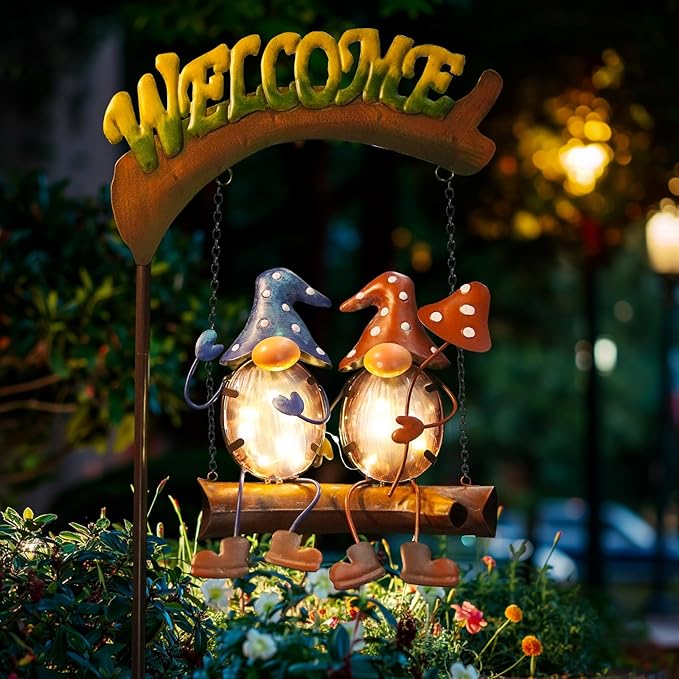 HONGLAND Solar Lights Outdoor Decor, Gnomes Swing Garden Decor, Funny Gifts for Women Mom, Gnomes Outdoor Decorations with Welcome Sign for Front Porch Patio