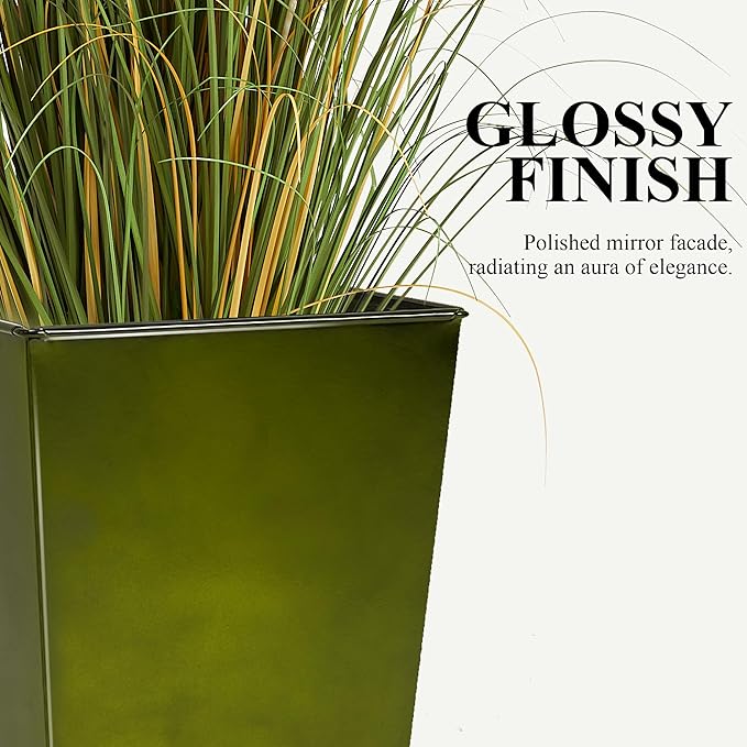 WORTH Garden 28" Large Metal Glazed Planter Set of 2, Luxurious Glossy Finish Green Tall Square Tapered Steel Plant Pots, Decor Flower Pot Indoor & Outdoor, Drainage Hole & Dual-Purpose Plant Saucer