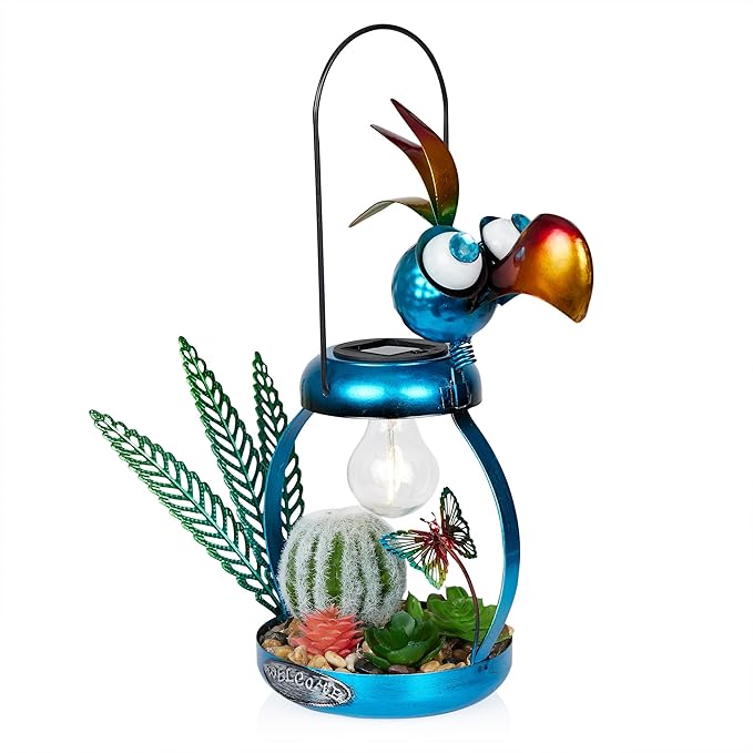 Alpine Corporation LYT290SLR-HH Solar-Powered Metal Flamingo with Garden Enclosed LED Light, Solar Patio Decor, 16''H, Blue