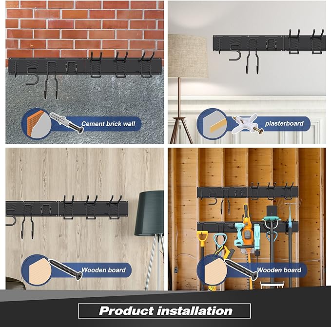 Garage Tool Storage Rack, Heavy Duty Garage Storage Organizer Rack System Wall Mounted Tool with 12 double hooks, 4 rails Garden Tool Rack
