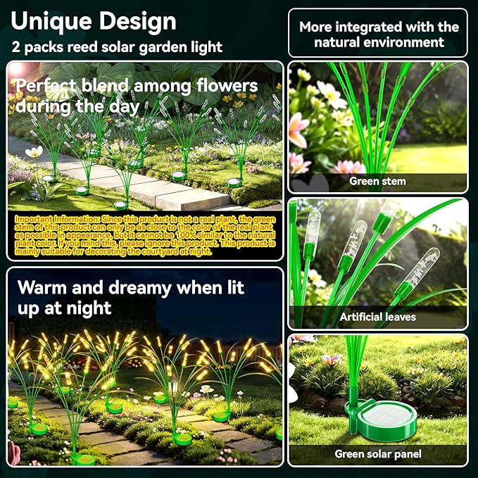 4 Packs Reeds Solar Garden Light, 30 Inch Garden Solar Light with 24 Bulbs, Intelligent Light Control System, IP65 Waterproof, Outdoor Solar Light for Decorating Yard, Pathway(Warm Color)