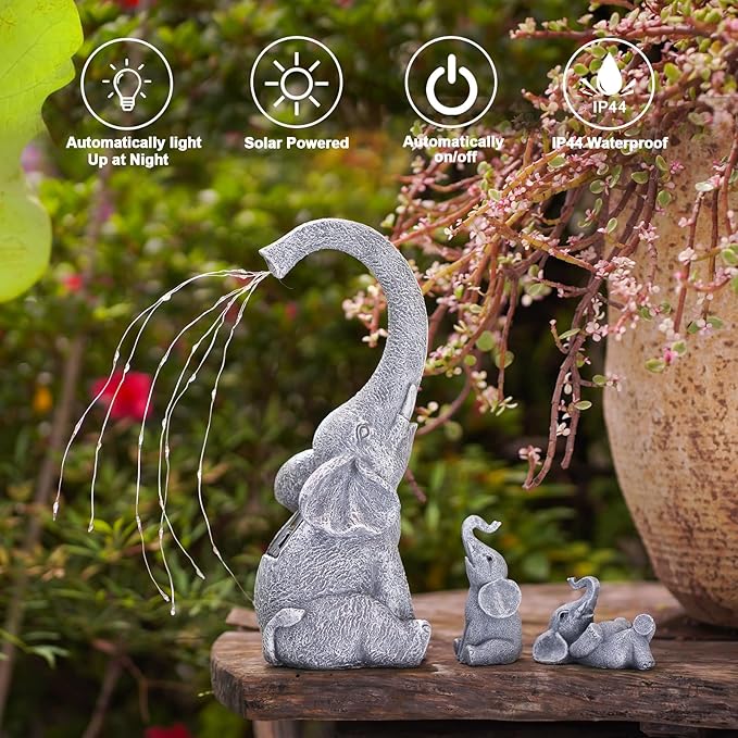 Goodeco Garden Elephant Statue Outdoor - Solar Watering Lights, Perfect for Yard, Patio, and Pathway Decor - Ideal Gardening Gifts