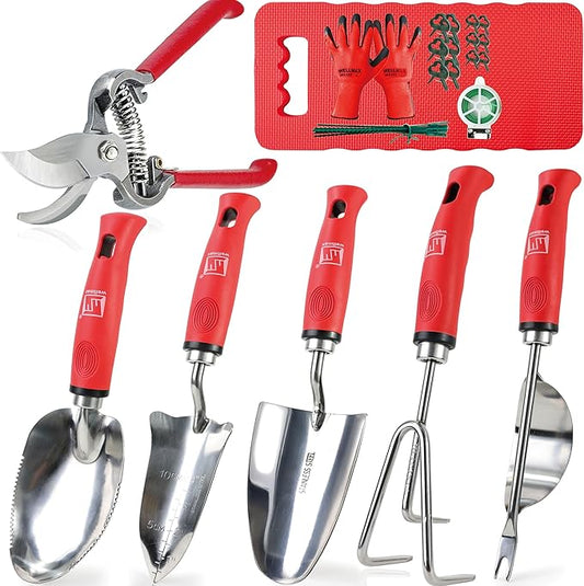 Wellmax 12-Piece Heavy-Duty Garden Tools Set with Bonus Accessories – Heavy Duty Garden Tools with Non-Slip Rubber Grip, Perfect for Digging, Weeding, Pruning & Planting
