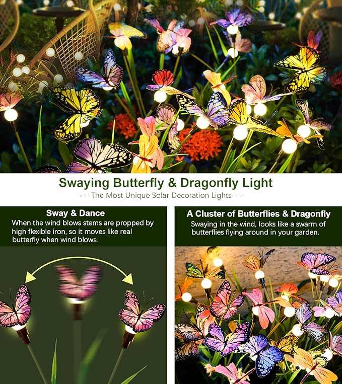 Aiscool Solar Garden Lights, 4 Pack Swaying in The Wind Butterfly Light Outside, Solar Outdoor Lights,Yard Patio Pathway Lawn Decoration,Realistic Butterflies & Dragonflies