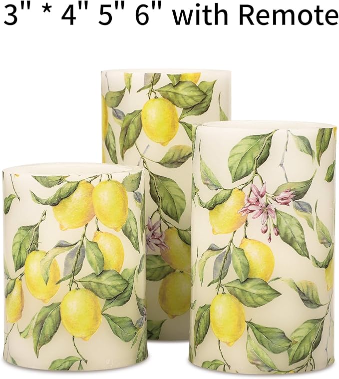 Flameless Candles Lemon Decor Battery Operated Lights with Remote Real Wax Flicker Electric Pillar Fake Candle for Home Bridal Shower Coffee Table Party Decorations Birthday Gifts for Women