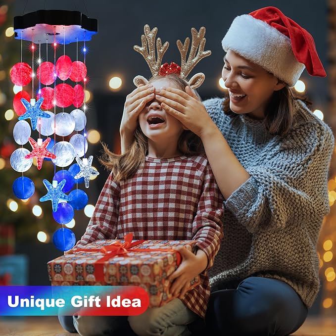 Solar Wind Chimes for Outside, Red & White & Blue Shell Gifts for Mom Grandma Women, Waterproof Solar Outdoor Decorative Mobile Lights for Garden, Yard, Patio, Window, Party, Outdoor Decorations