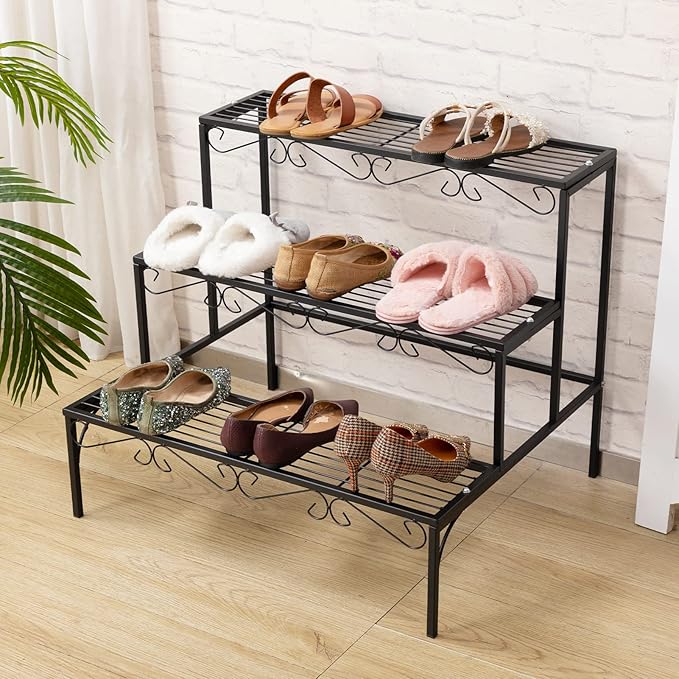 DOEWORKS 3 Tier Stair Style Metal Plant Stand, Garden Shelf for Large Flower Pot Display Rack Indoor Outdoor, Black