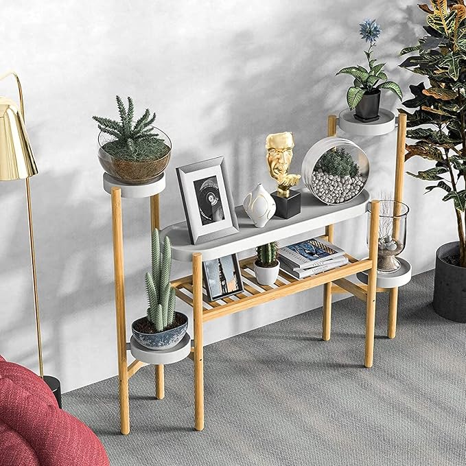 Bamboo Plant Shelf Indoor, 3 Tier Tall Corner Plant Shelves Holder & Plant Display Rack for Outdoor Garden Indoor Home