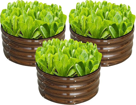SnugNiture 3 Pcs 2x2x1ft Round Galvanized Raised Garden Bed Kit Outdoor, Metal Planter Box for Planting Plants Vegetables, Brown