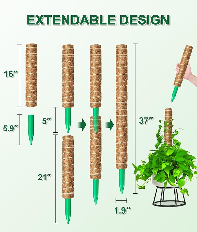 EAONE Moss Pole 168 Inch, 8 Pack 21" Monstera Plant Support for Climbing Potted Live Plants Indoor, Stackable Coco Coir Moss Sticks Monstera Stakes for Pothos Philodendron, with Garden Labels & Ties