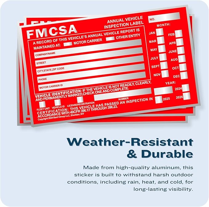 40-Pack DOT Compliant Aluminum Annual Vehicle Inspection Label – Red FMCSA Label with Punch Boxes