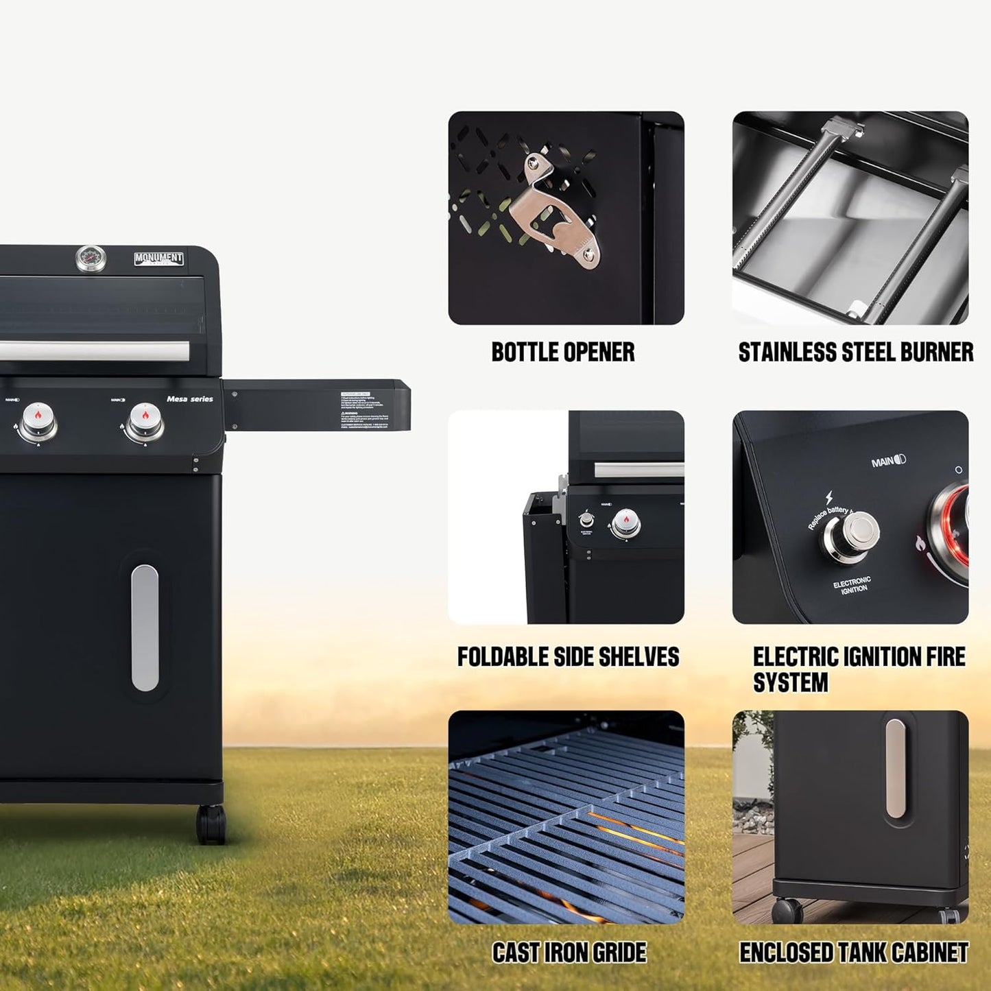Monument Grills 2-Burner Stainless Steel Liquid Propane Gas Grill, Two Foldable Shelves Patio Garden Barbecue Grill with Clearview® Lid, Knob Control Mesa220, Black