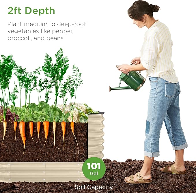 Best Choice Products 4x2x2ft Outdoor Metal Raised Garden Bed, Oval Deep Root Planter Box for Vegetables, Flowers, Herbs, and Succulents w/ 101 Gallon Capacity, Rubber Edge Guard - Beige