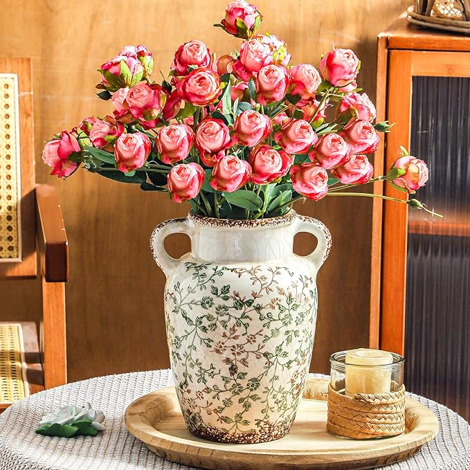 Enra Farmhouse Vintage vase with Handle,9.4 in Ceramic Chinoiserie Floral Vase,Green and Beige Decorative Flower vase,Large Rustic Vases for Home Decors, Living Room, Bookshelf, Office