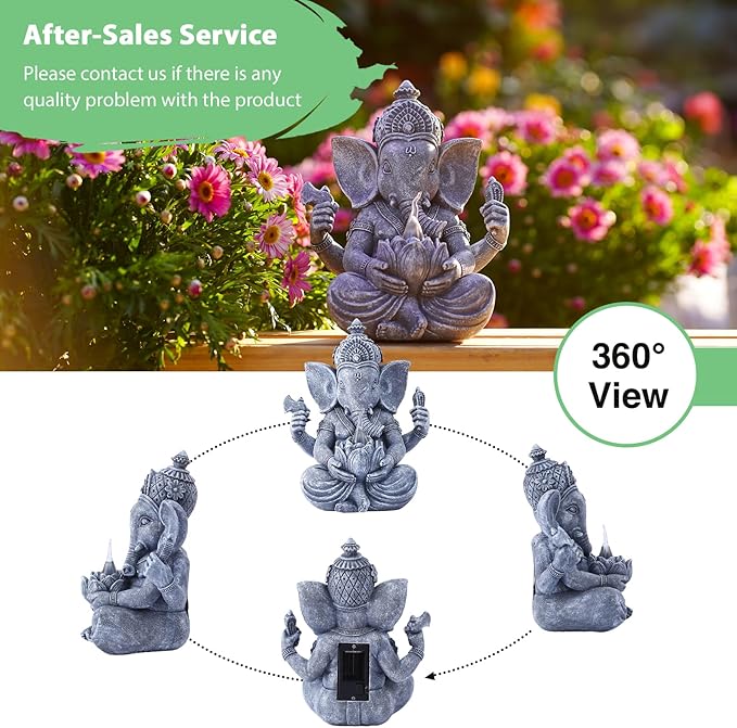 Goodeco Ganesha Statue with Solar Lotus - Hindu Elephant Statue Ganpati Idol Buddha Sculptures, Meditation Yoga Room & Garden Decor, 7.8 inches Tall (Ganesha)