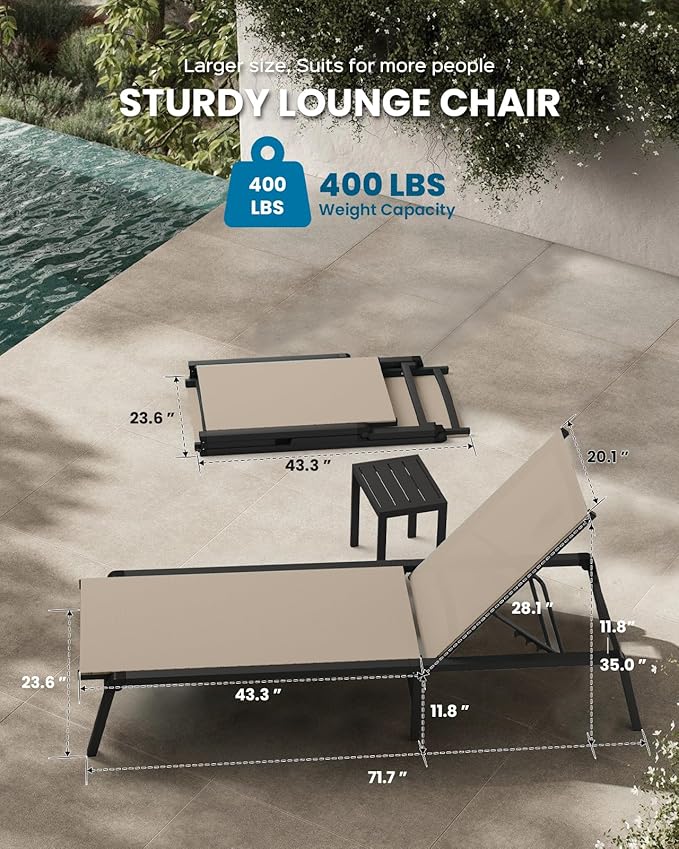 Chaise Lounge Outdoor, Foldable Aluminum Pool Lounge Chairs with 5 Positions Recliner - Free Assembly - Patio Chaise Lounge Chair for Poolside, Beach, Yard (Khaki)