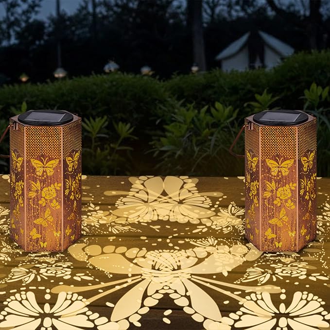 2 Pack Butterfly Solar Lanterns Outdoor Waterproof - Birthday Gifts for Women, Mom, Butterflies Solar Lights Outdoor Hanging Garden Decor for Outside, Patio, Outdoor, Yard, Lawn, Balcony