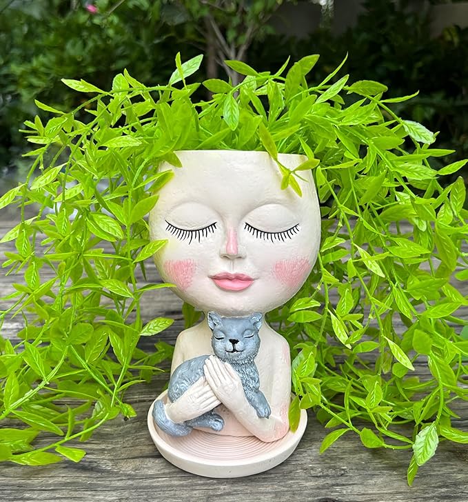 Head Planter with Drainage Hole, Resin Art Vase, Cute Lady Hugging Cat Succulent Flower Pots, Unique for Indoor Outdoor Decor, 7.28in